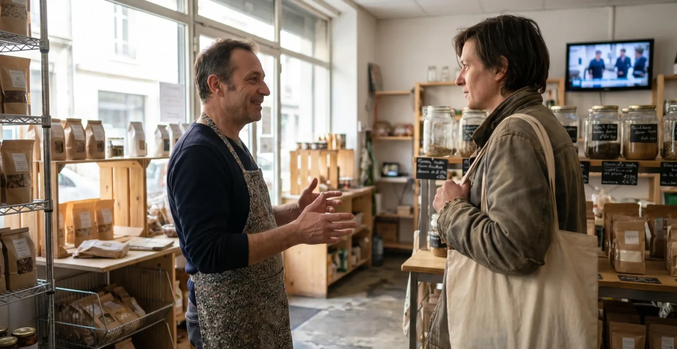 Commerçant lyonnais en conversation amicale avec un client dans une boutique de proximité, vue de profil