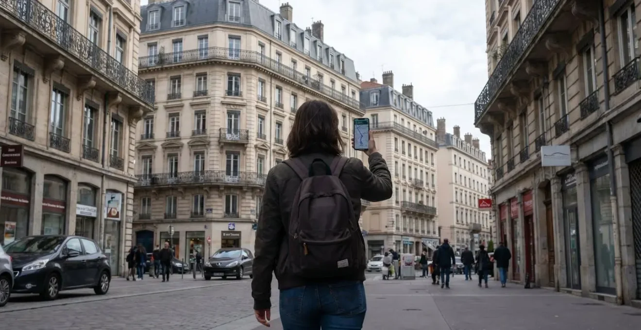 Femme consultant Google Maps sur son smartphone en marchant dans une rue lyonnaise typique avec immeubles haussmanniens