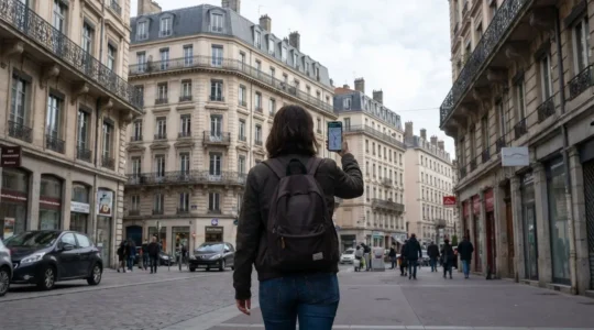 Femme consultant Google Maps sur son smartphone en marchant dans une rue lyonnaise typique avec immeubles haussmanniens